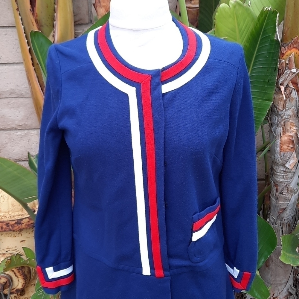 Vintage Handmade Navy Blue Red Stripe Mod Long Sleeve Dress Small - Picture 2 of 13